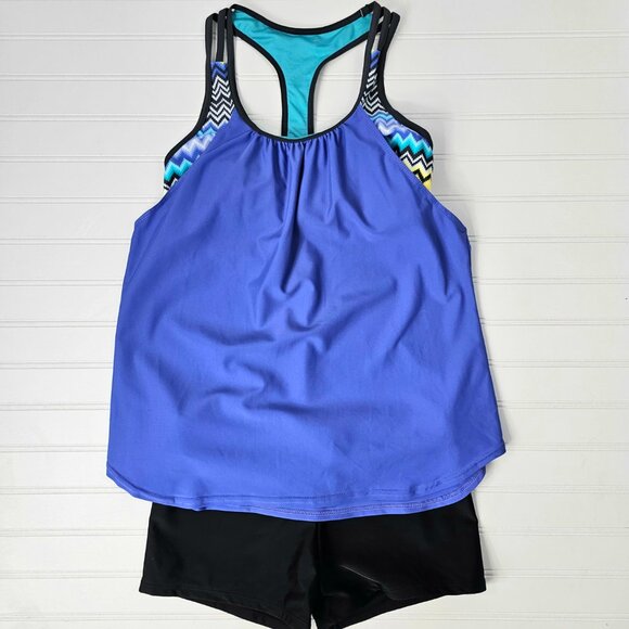 Women's Blue Layered Multicolor Striped Boy Short Racerback Tankini Set Size S - Picture 3 of 14